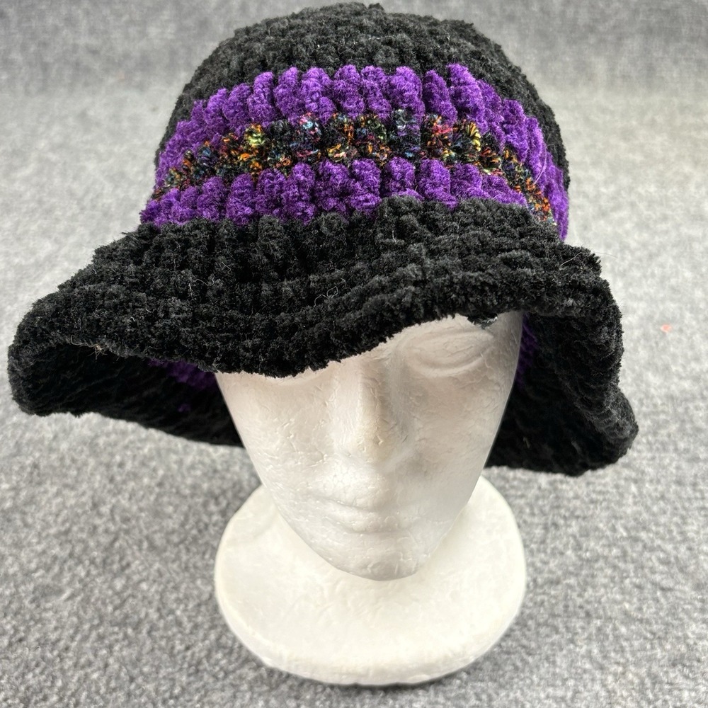 Vintage 90s Chenille Cloche Hat OS Black Purple Whimsigoth Witchy Y2K Retro Goth